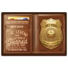 Police badge wallet shaped refrigerator magnet with brown background, retired police officer badge on right, custom logo, contact info, and QR code on left